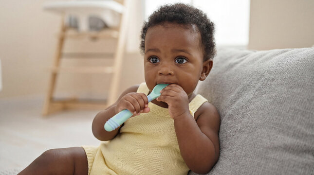 Curious baby chewing on a silicone teether while sitting on a cozy sofa in a bright living room during daytime
