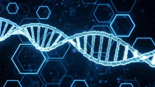 Abstract glowing blue dna double helix structure with hexagonal digital pattern background representing genetic science, biotechnology, and molecular biology research concept