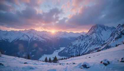 Snowy mountain range at sunset with dramatic cloud formations