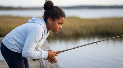 Focused young girl fishing alone on wooden pier at calm lakeside, practicing patience and concentration in peaceful outdoor nature