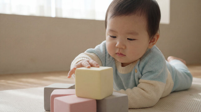 Curious baby playing with colorful soft blocks on the floor in cozy natural light home environment during quiet playtime