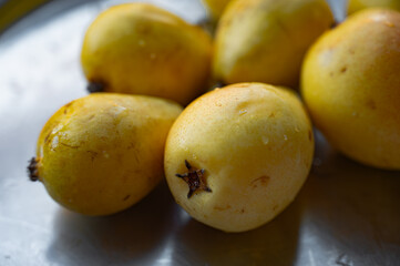 Ripe yellow pears close-up – fresh organic fruit texture