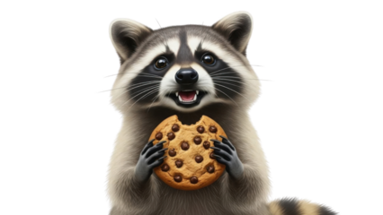 Happy raccoon eating a cookie isolated PNG with Transparent Background