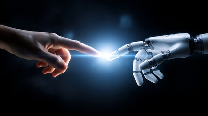 Human and AI Touch: A human finger approaches and connects with a robotic hand, suggesting a moment of technological and intellectual synergy amid a futuristic backdrop. 