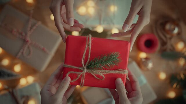 Christmas gift exchange with hands holding a beautifully wrapped red present decorated with natural twine and pine twig, symbolizing festive giving, warmth, celebration, and holiday tradition