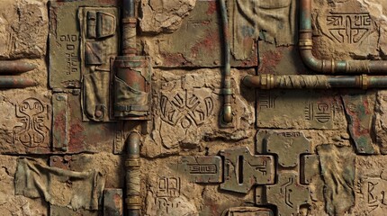Gritty post-apocalyptic wall shows ancient pipes, wrapped conduits, and alien etched symbols.