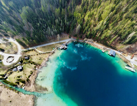 aerial view of a lake in the alps