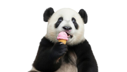 Obraz premium Giant panda eating ice cream cone isolated PNG with Transparent Background
