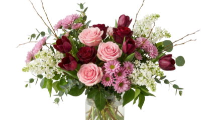Romantic floral bouquet featuring roses, tulips, and lilac in a transparent vase perfect for Valentine's Day, anniversaries, or heartfelt expressions