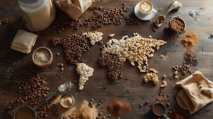Creative coffee world map made from different coffee beans and ground coffee on a wooden table