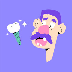 Funny vector illustration of a man looking at a dental implant. Ideal for dental clinic materials, implantology guides, patient education, and oral health designs