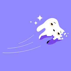 Funny cartoon illustration of a pulled out tooth flying with broken enamel pieces. Perfect for dental clinics, tooth extraction materials, oral health education, and medical designs