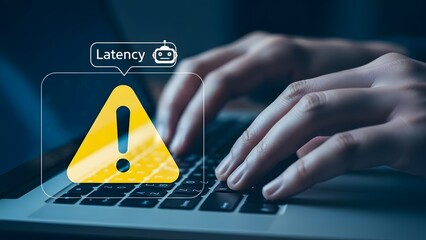 Hands typing on laptop with warning alert of potential cyber security threat
