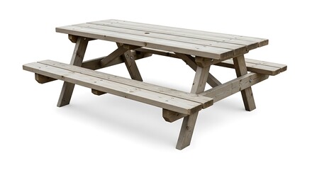 Wooden Picnic Table on White Background  Outdoor Dining Concept.