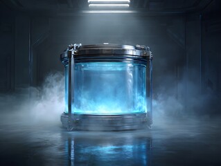 Futuristic Glowing Energy Chamber Cylinder in High-Tech Sci-Fi Laboratory Surrounded by Misty Industrial Atmosphere