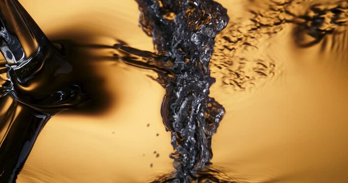 Golden Water Stream Pouring Down In Slow Motion Creating Ripples And Fluid Shapes With Warm Reflections And Cinematic Texture at 1000 fps.
