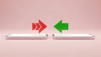 Two smartphones with opposing arrows symbolizing data transfer or communication