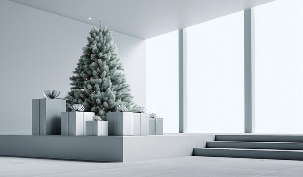 Minimalist Christmas tree with silver gift boxes on white modern minimalistic background clean simple design for commercial advertising