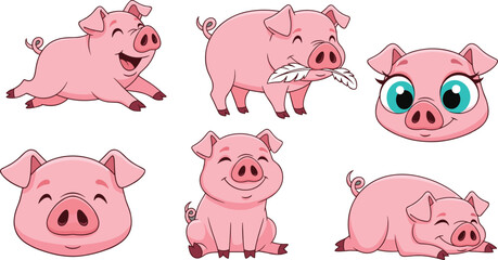 Cartoon pig character set in playful poses, cute farm animal expressions, cheerful piglet design for kids, flat vector illustration © MDSHISHIRHASAN