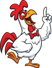 Cartoon rooster with bow tie pointing upward, cheerful farm mascot character in dynamic pose, flat vector illustration
