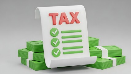 Tax document with green money stacks and checkmarks