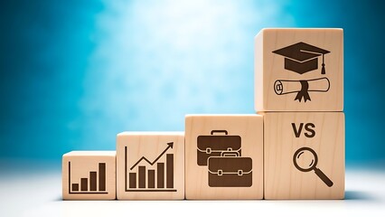 Education versus career success illustrated with wooden blocks