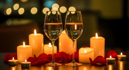Romantic champagne toast with candles and rose petals for special occasion