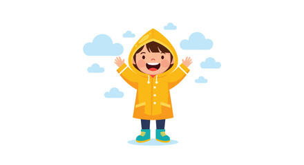 A cheerful young child joyfully embraces the rainy weather while wearing a bright yellow raincoat and blue boots, surrounded by fluffy clouds.