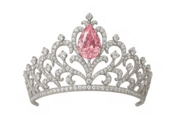 Diamond tiara with large pink gemstone, symbolizing royalty, wealth, luxury, and success, on transparent background