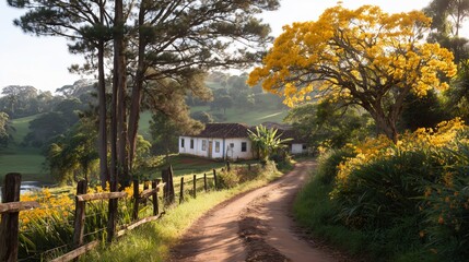 Fototapeta premium Scenic countryside road with a beautiful yellow tree and rustic house in the morning light