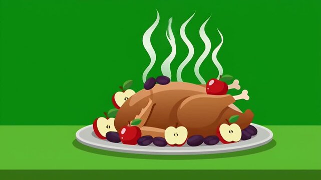 Cartoon Roasted Turkey On Festive Platter Illustration.