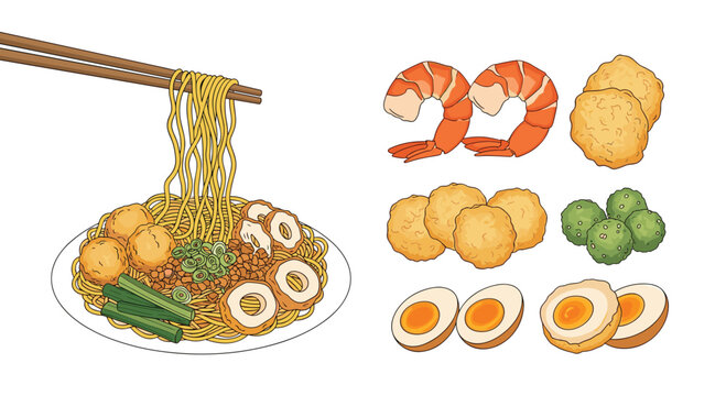 A vibrant illustration of a bowl of Malaysian Hokkien mee with various toppings including prawns, fish balls, and eggs, presented with individual ingredients alongside it.