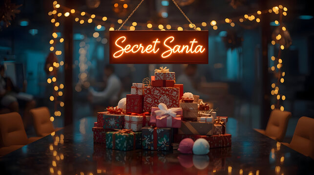 Festive secret santa gift exchange celebration in dark modern office. mysterious pile of presents on conference table under warm glowing neon sign and festive light - Powered by Adobe