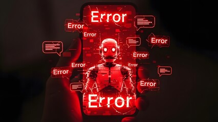 Robot malfunction red error messages surround a damaged android figure