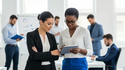 Two professional businesswomen collaborating and reviewing data on a digital tablet in a modern office setting with colleagues in the background - Powered by Adobe