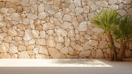 Natural stone wall with palm trees in a bright, outdoor setting during the daytime