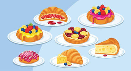 A delightful assortment of freshly baked pastries and fruit tarts presented on individual white plates, perfect for a sweet treat or breakfast indulgence.