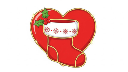A festive christmas stocking design integrated into a vibrant red heart shape adorned with holly and sparkling accents perfect for holiday greetings and decorations