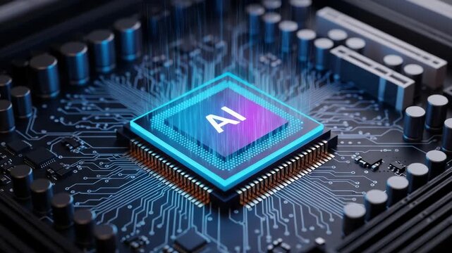 Closeup of a glowing blue ai chip on a complex electronic circuit board, symbolizing artificial intelligence and advanced technology processing