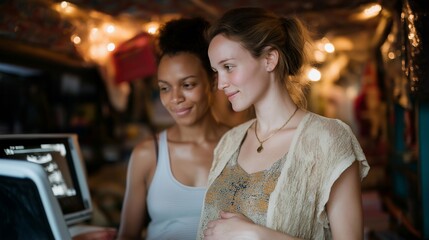 A women’s health mobile clinic offering prenatal checks, midwife using portable ultrasound scanning inside a warm, well-lit interior — maternal care access, mobile prenatal services, and supportive