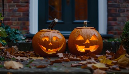 Fototapeta premium Spooky halloween evening with glowing jack o lanterns on the doorstep in atmospheric lighting