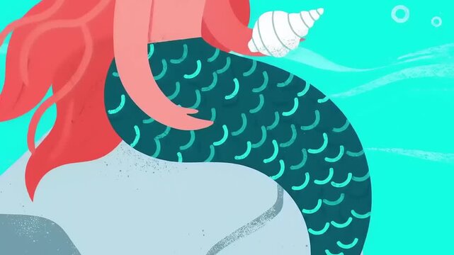 Animated Mermaid Character in Ocean with Seashell, Cute Cartoon Style Animation