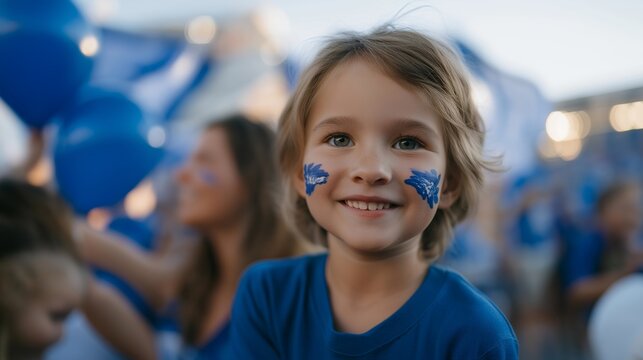 A family-friendly fan zone with kids painting their faces in team colors, balloons floating overhead, and volunteers handing out themed merchandise — inclusive sports culture, joyful crowd - Powered by Adobe