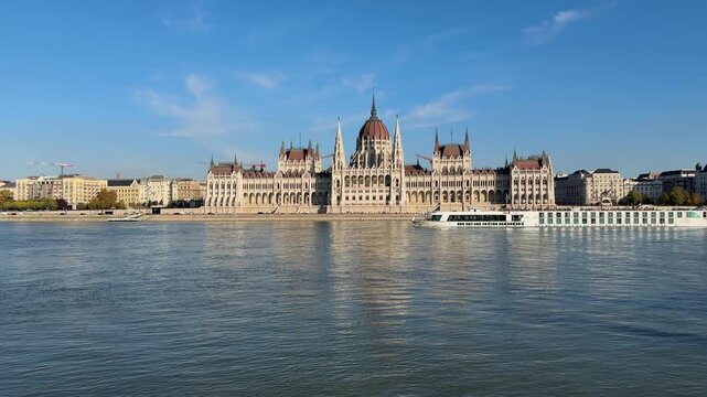 Hungarian Parliament Building on Danube river bank in sunny day