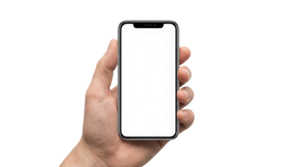 Modern smartphone mockup held in hand, showcasing app interface, perfect for UI design templates and mobile marketing promotions, clean and professional style
