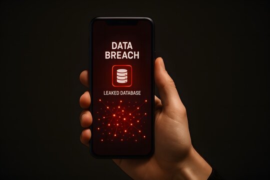 Hand holding a smartphone displaying a digital data breach warning with red alert symbols and database icon