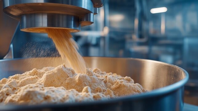 A stainless steel industrial mixer churning dough in a commercial bakery, flour dust rising around the bright metal bowl — food production workflow, robust bakery equipment, and durable stainless - Powered by Adobe