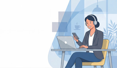 Smiling woman sits at desk working on laptop holding smartphone wearing headphones. Ideal for customer support, remote work, or online assistance concepts.