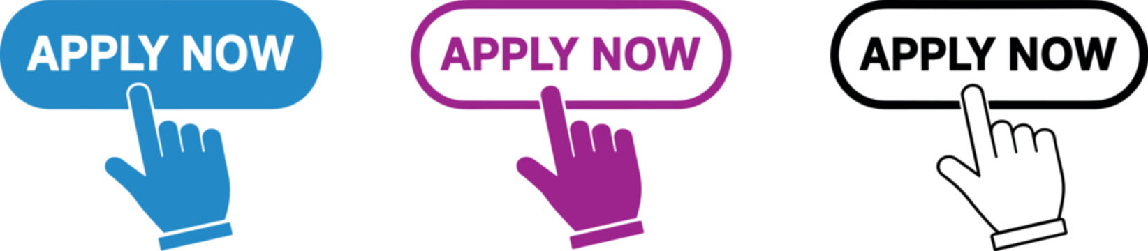 Apply now button set with pointer hand clicking, job application and registration icon