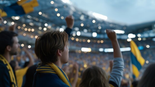 A vibrant fan zone packed with supporters wearing team colors, giant LED screens streaming the match as people wave scarves and flags under bright stadium lights — high-energy sports atmosphere, - Powered by Adobe